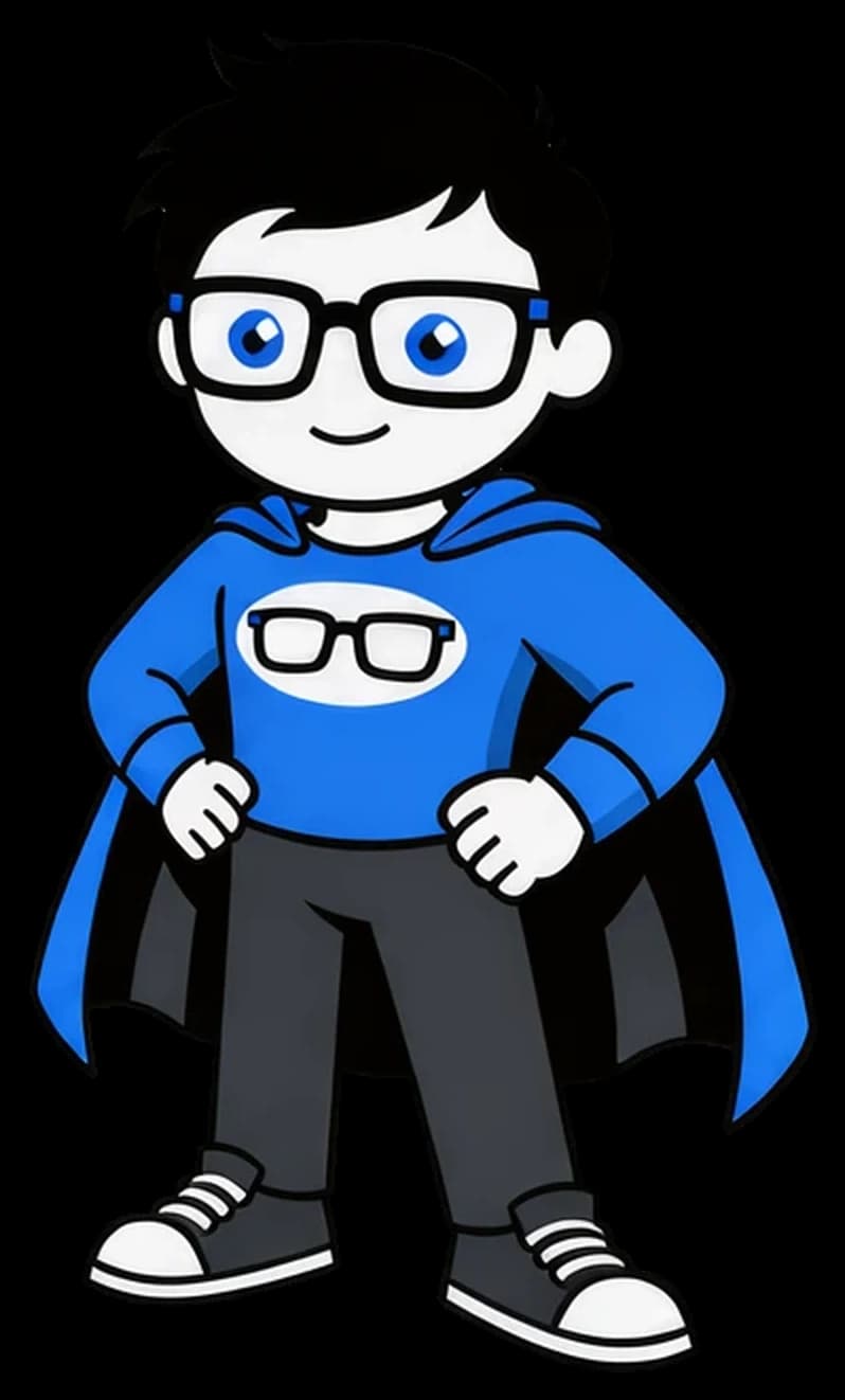 Charlie's Nerds mascot: a superhero nerd in glasses, a blue hoodie and a blue cape